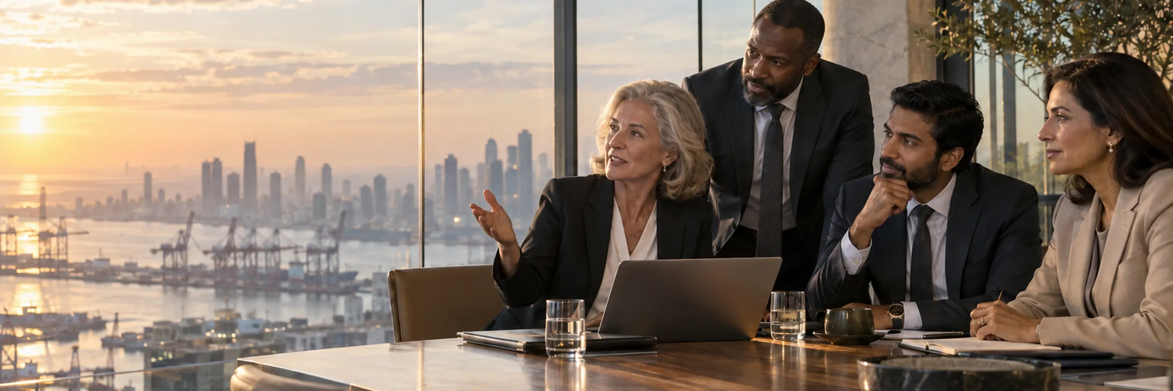 An international leadership team talks at a boardroom table at dawn, a city and port beyond the windows.