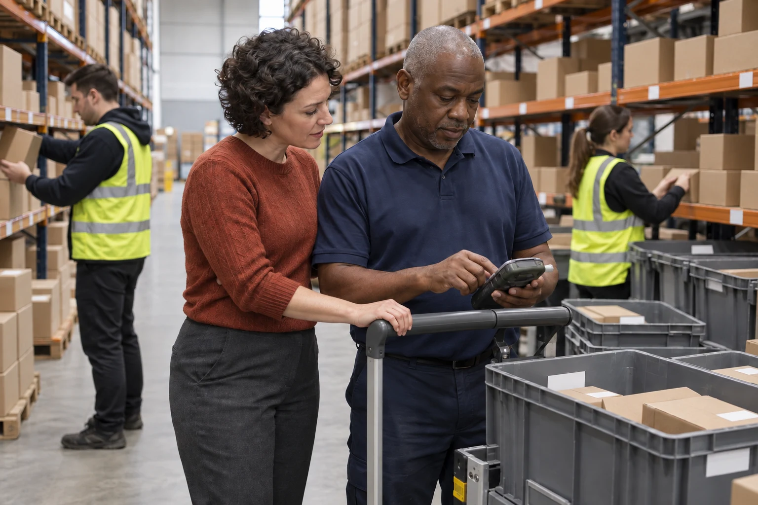 An integration specialist and warehouse supervisor check a handheld station as colleagues pick orders on a Manchester warehouse floor.