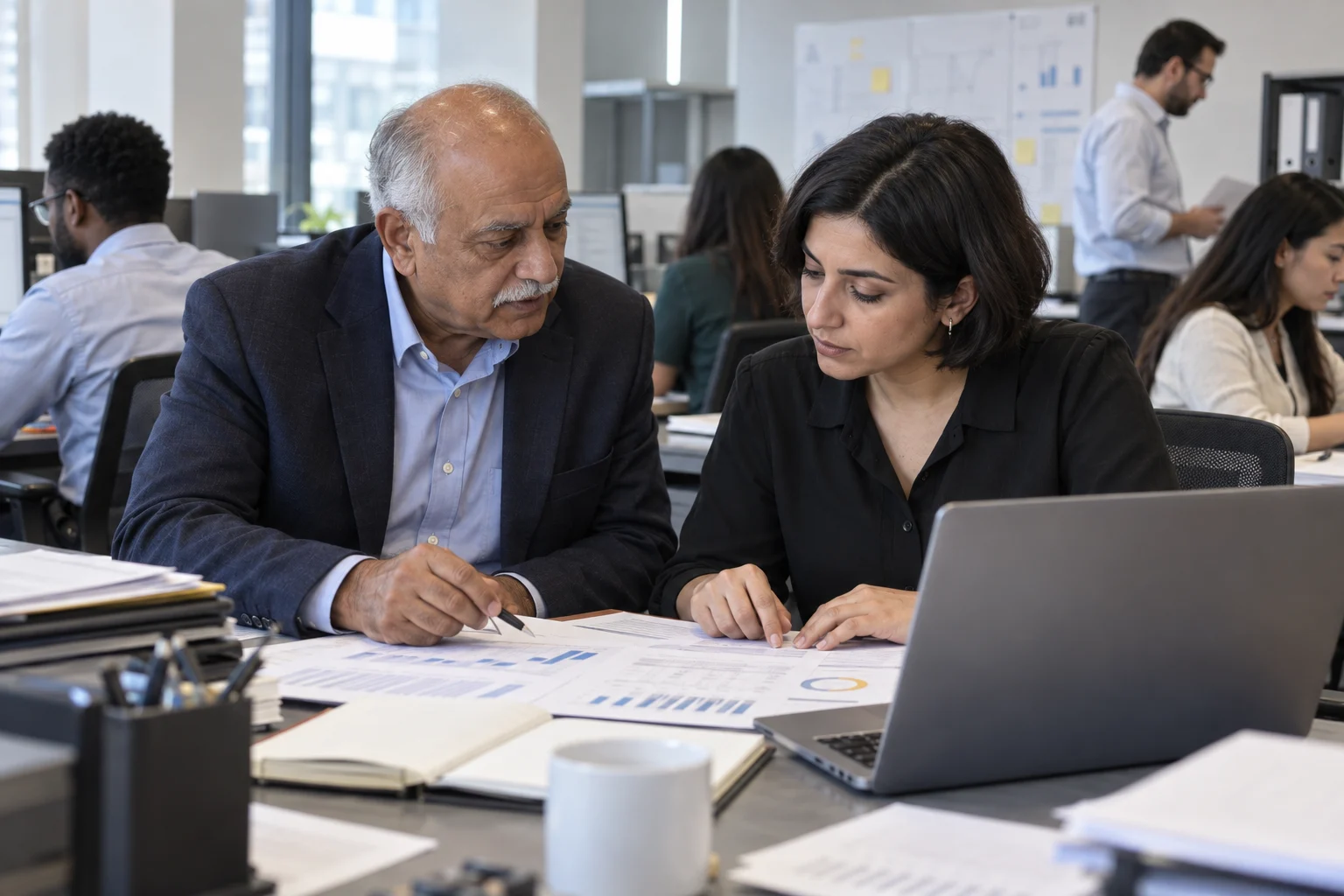An experienced finance leader and finance manager review a month-end variance at her desk.